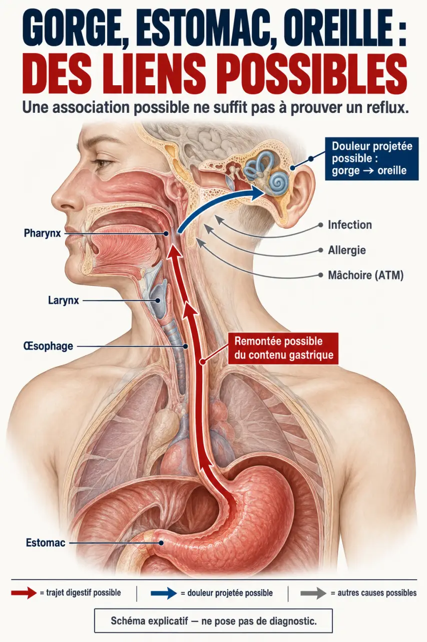 Schéma du reflux gastrique mal de gorge et oreille forum expliquant la douleur projetée et les autres causes possibles