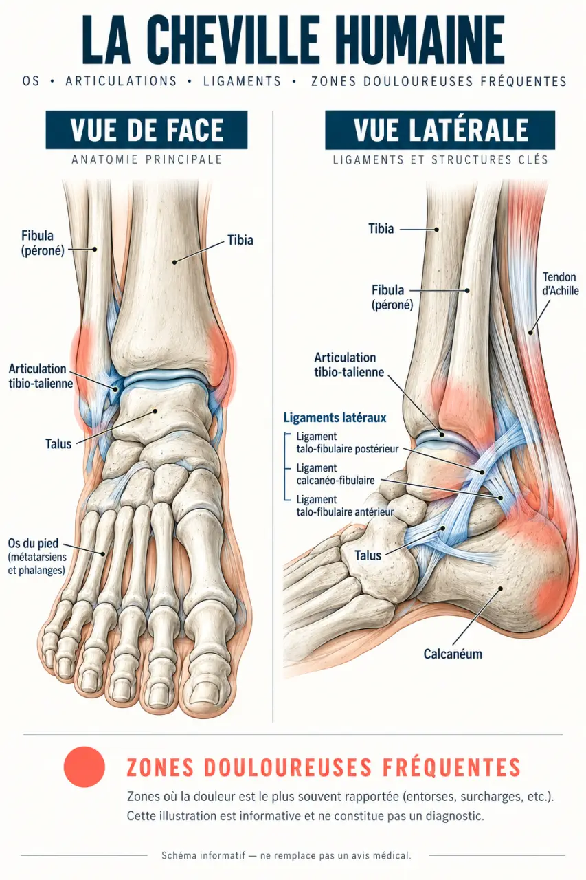 Schéma des zones possibles d’une douleur cheville selon les ligaments, les tendons et l’articulation
