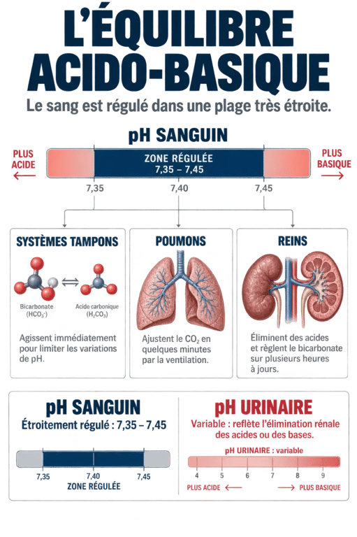 Infographie sur le régime alcalin et la régulation du pH sanguin par les poumons et les reins