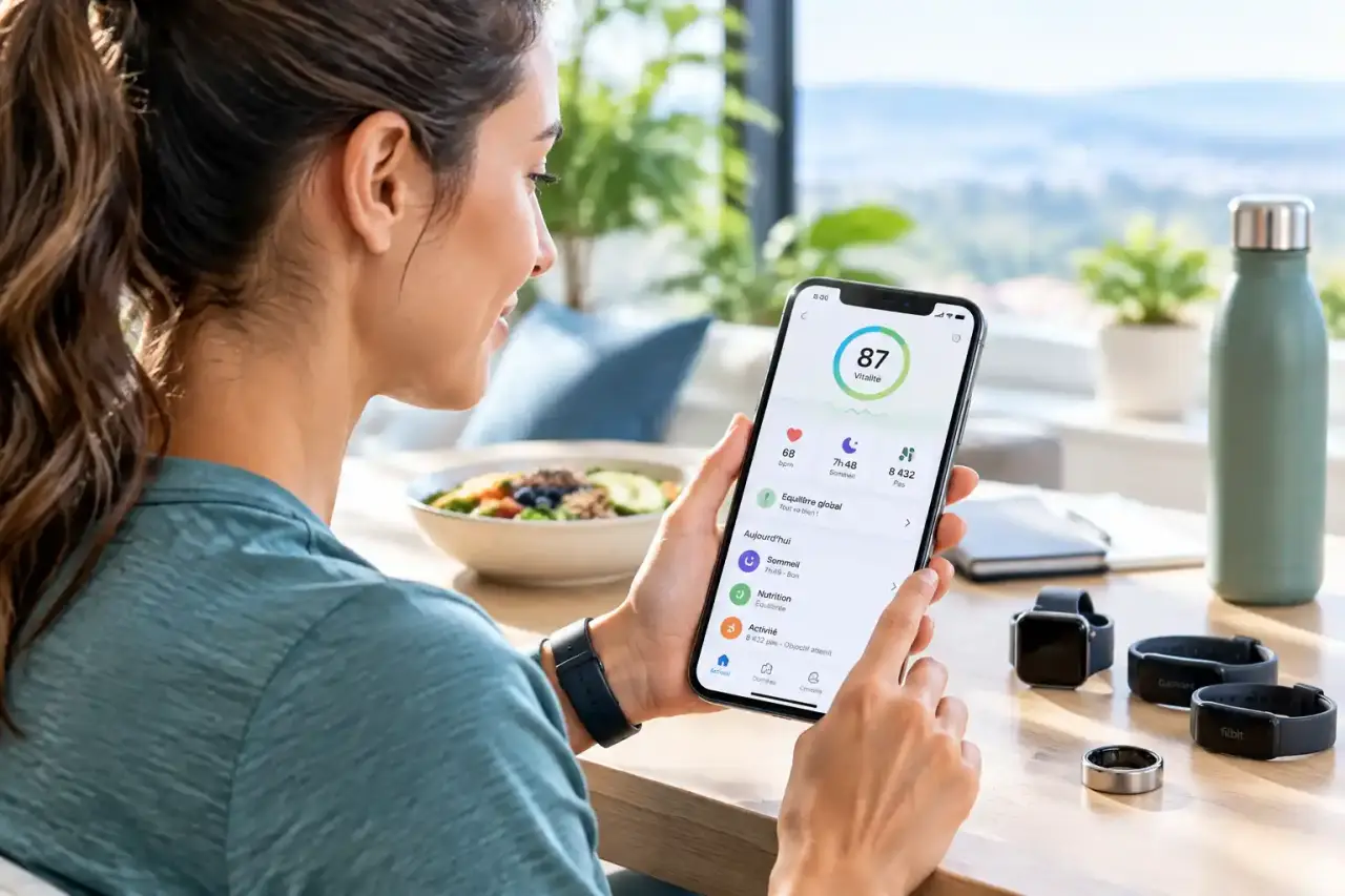 Personne active consultant son suivi santé sur une montre connectée avec Vitalek