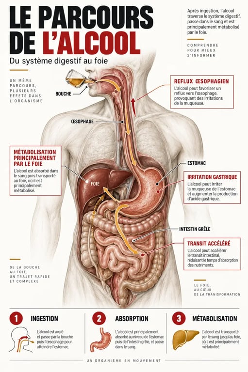 Infographie sur l’alcool et digestion, de l’absorption aux effets sur l’œsophage, l’estomac, l’intestin et le foie