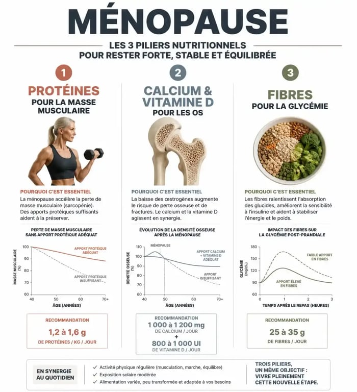 Infographie des piliers nutritionnels pour un menu semaine régime ménopause équilibré