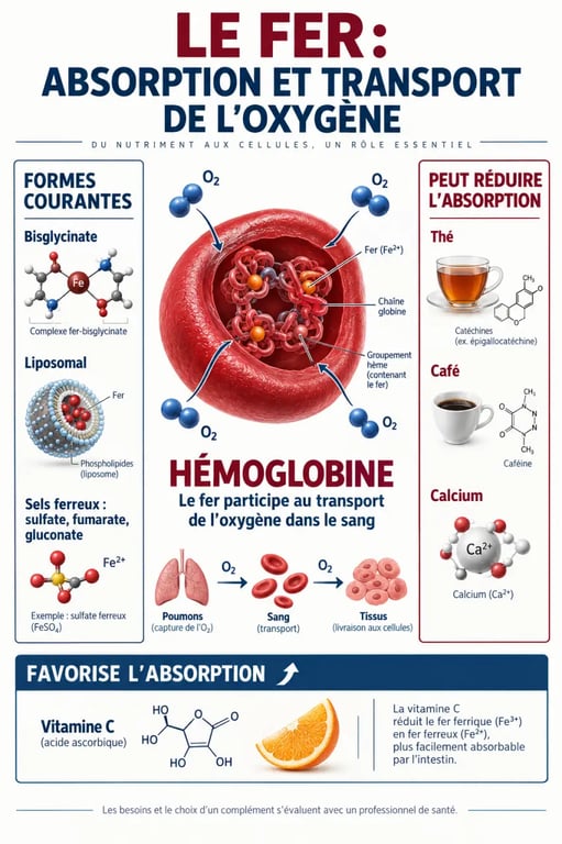 Infographie sur le complément alimentaire fer, ses formes et les facteurs d’absorption
