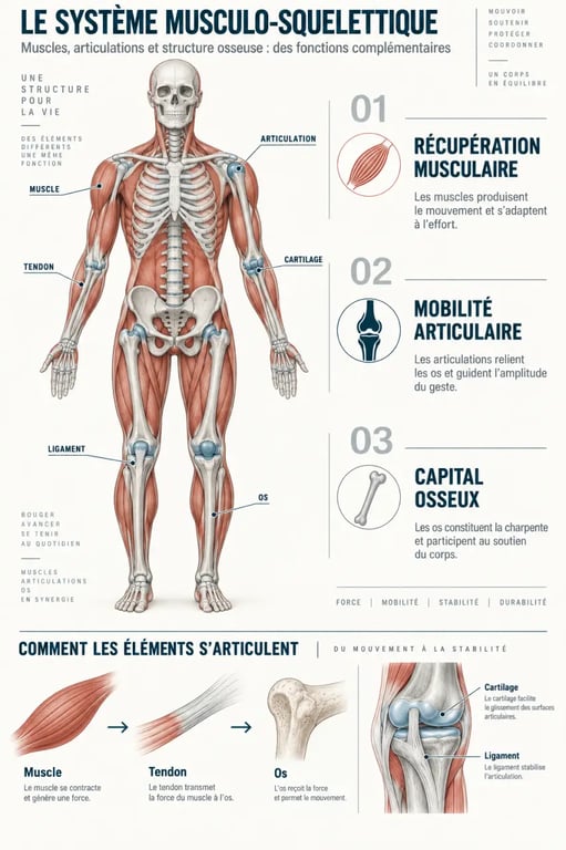 Infographie sur le complément alimentaire pour douleur musculaire et articulaire et les différences entre muscles, articulations, cartilage et os