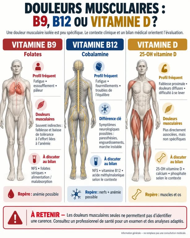 Infographie sur la carence vitamine B9 et douleurs musculaires comparée aux déficits en vitamines B12 et D