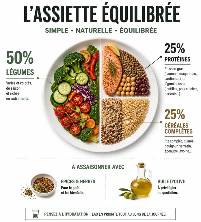 Assiette type pour un régime anti-inflammatoire avec légumes, protéines et céréales complètes