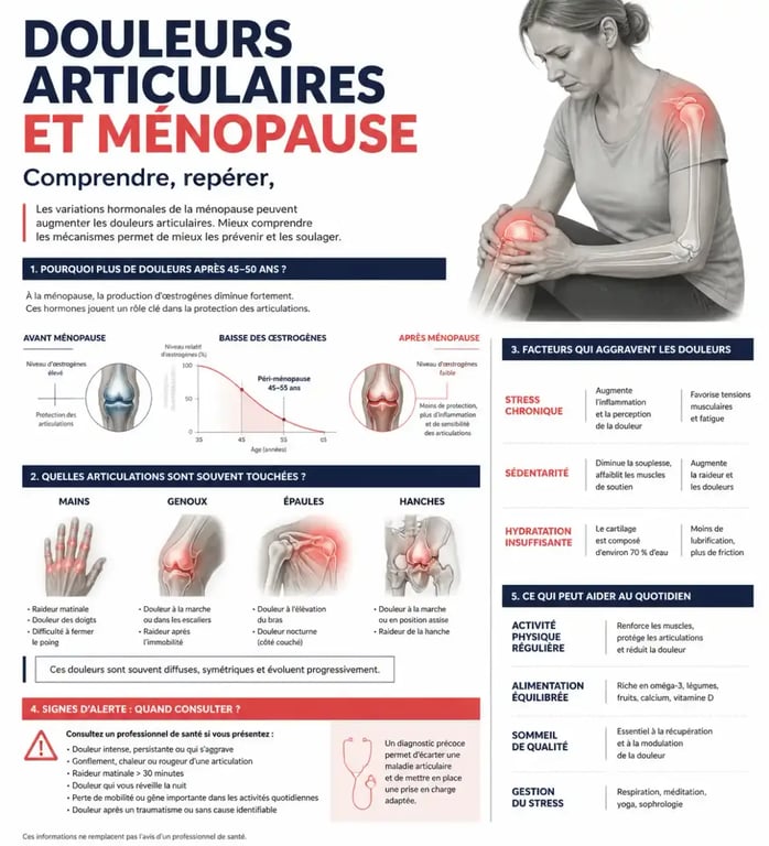 Douleur articulaires ménopause : causes hormonales, articulations touchées, facteurs aggravants et signes d’alerte