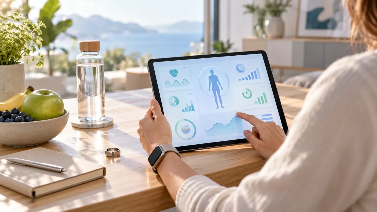 Personne active consultant les données de son tableau de bord santé sur une montre connectée
