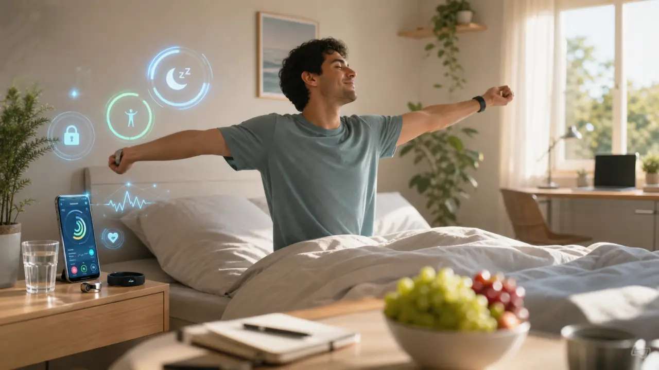 Personne active consultant sa montre connectée dans un parc urbain ensoleillé avec une interface de santé en surimpression