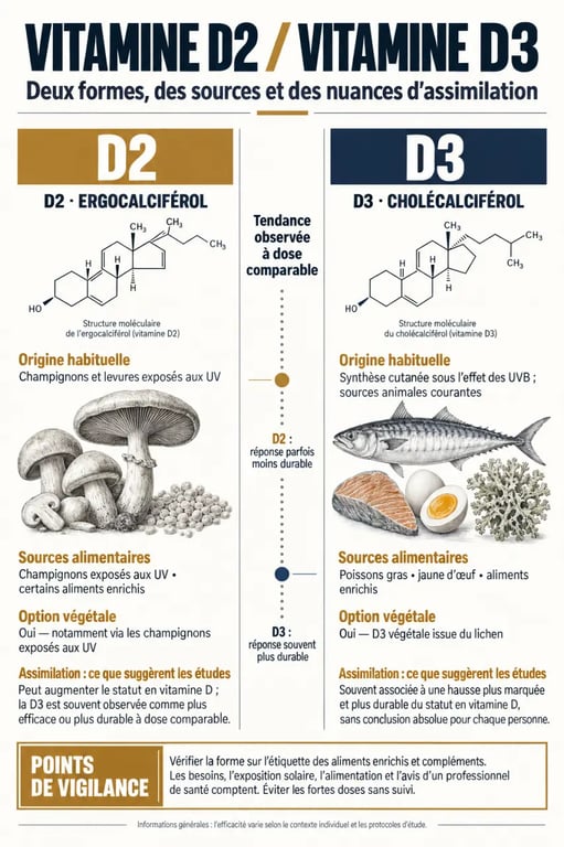 Infographie comparative entre vitamine D2 et vitamine D3