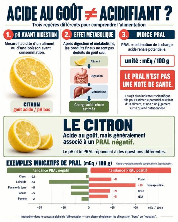 Infographie du régime alcalin comparant pH, effet métabolique et indice PRAL des aliments