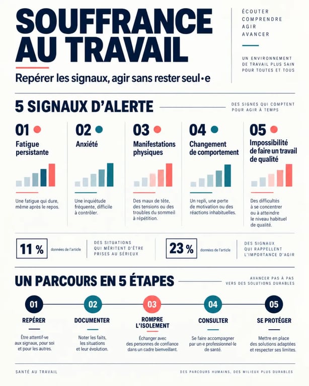 Infographie sur les signaux de la souffrance au travail et les étapes pour demander de l’aide