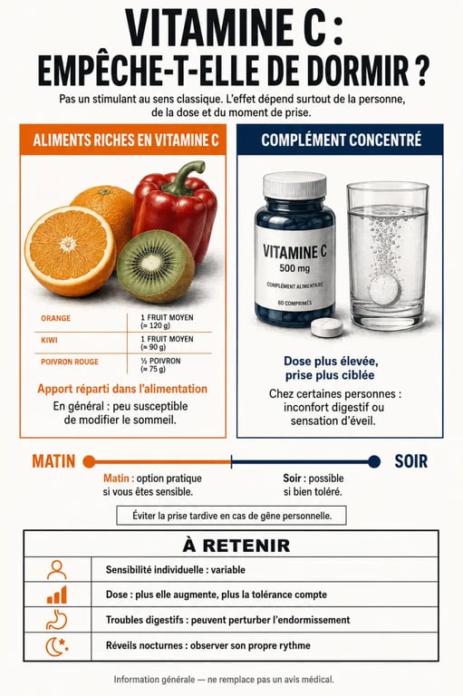 Infographie : est ce que la vitamine C empêche de dormir selon la dose et l'heure de prise