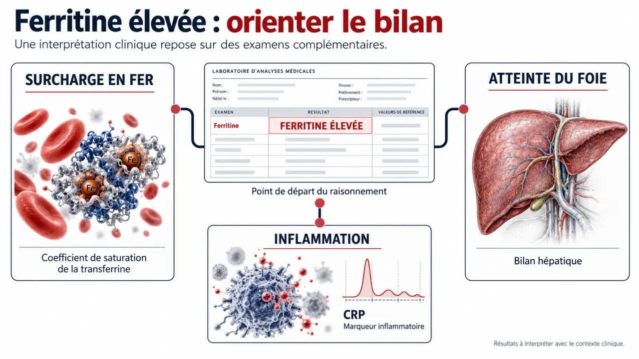 Infographie pour comprendre comment faire baisser ferritine selon la cause, avec ferritine, coefficient de saturation, inflammation et bilan du foie
