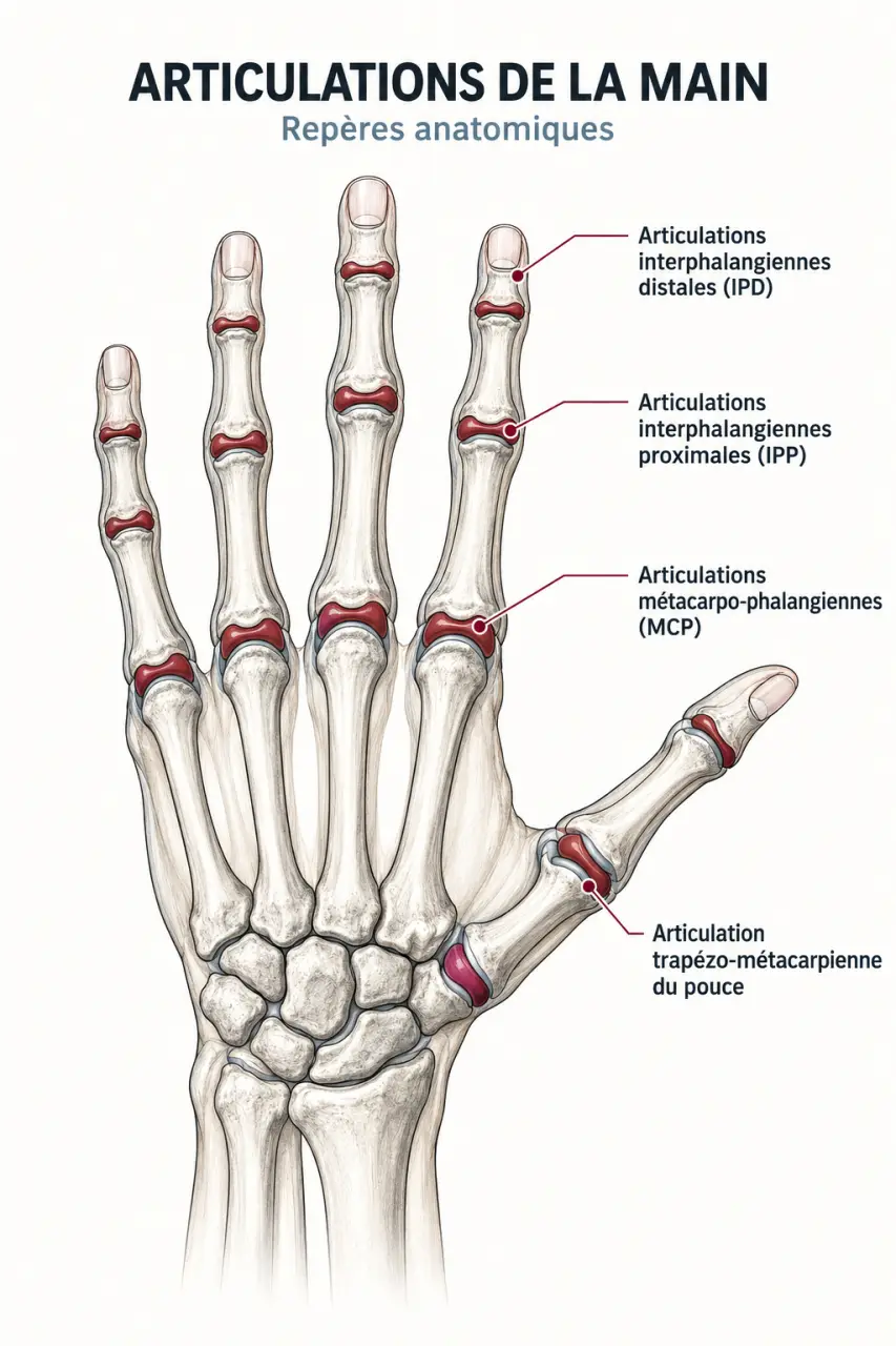 Schéma des articulations impliquées dans les douleurs articulaires des doigts