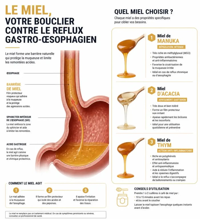 Schéma miel reflux gastrique montrant l'action protectrice sur l'œsophage