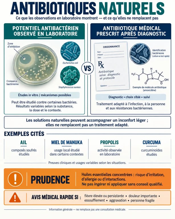 Infographie sur les antibiotique naturels, leurs limites et les précautions médicales
