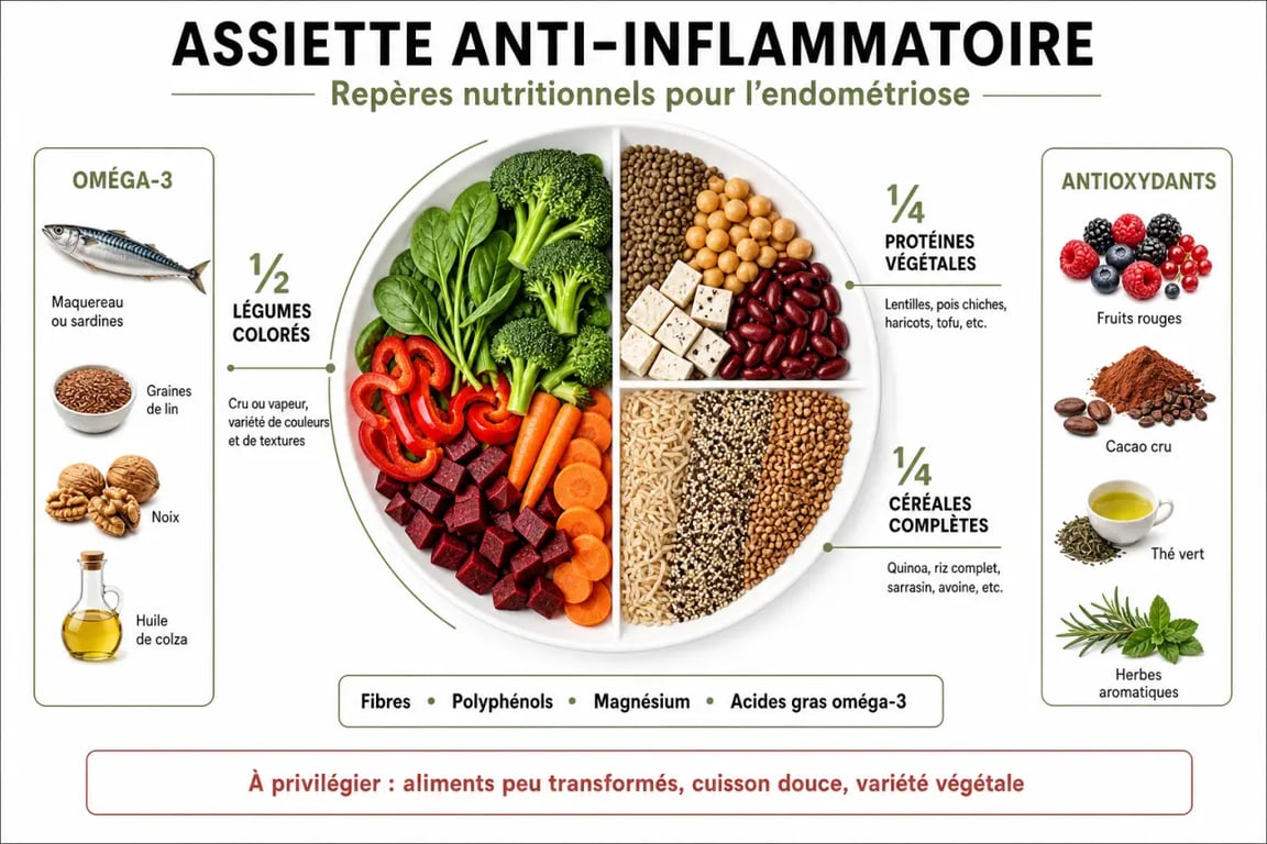 Infographie sur l'alimentation pour endométriose : composition d'une assiette anti-inflammatoire