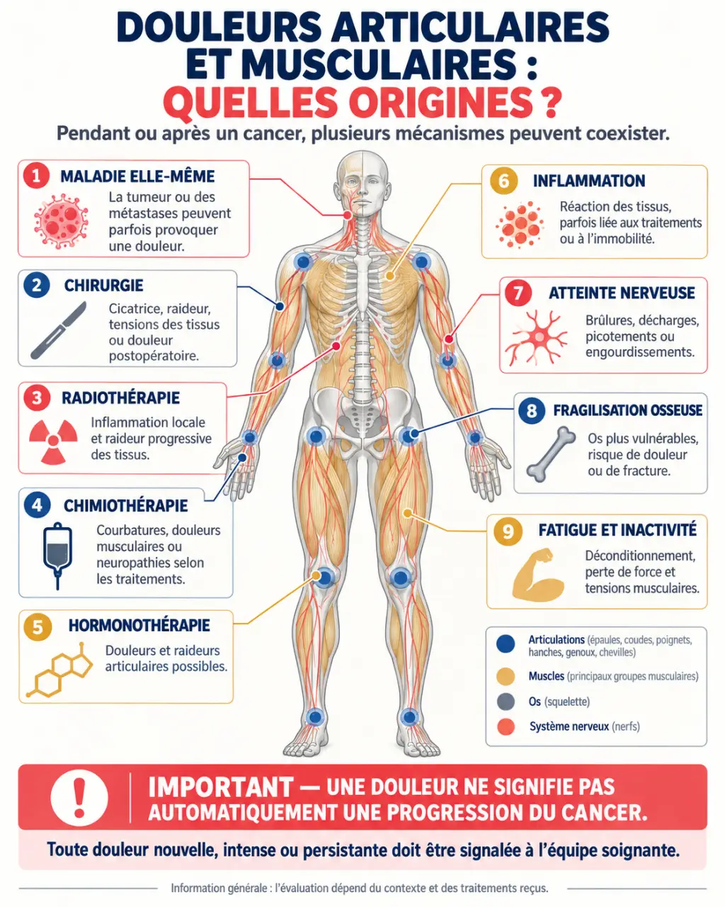 Infographie sur les douleurs articulaires et musculaires cancer et leurs causes possibles