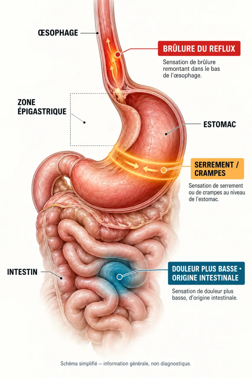 Schéma de localisation des crampes estomac, du reflux et des douleurs intestinales