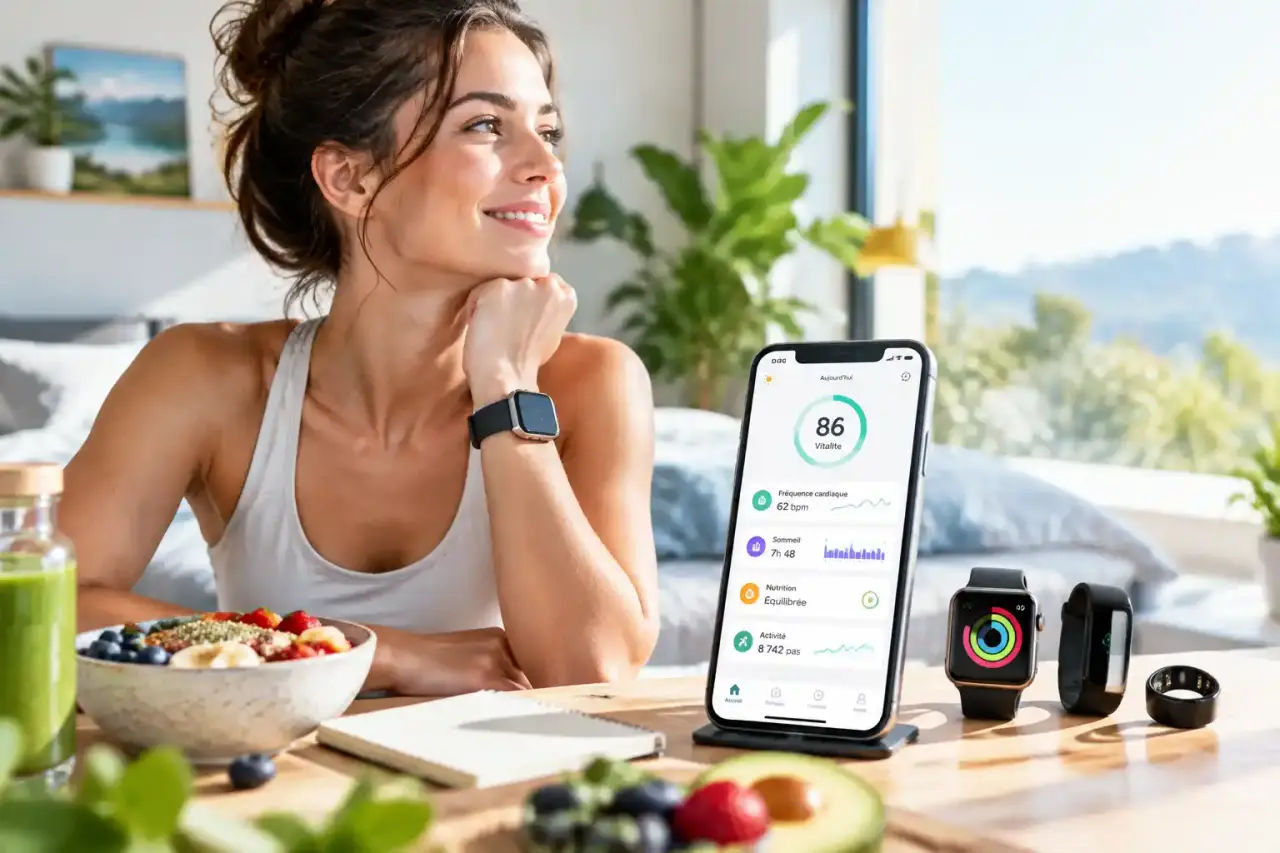 Personne active consultant les données de santé de sa montre connectée dans un parc lumineux