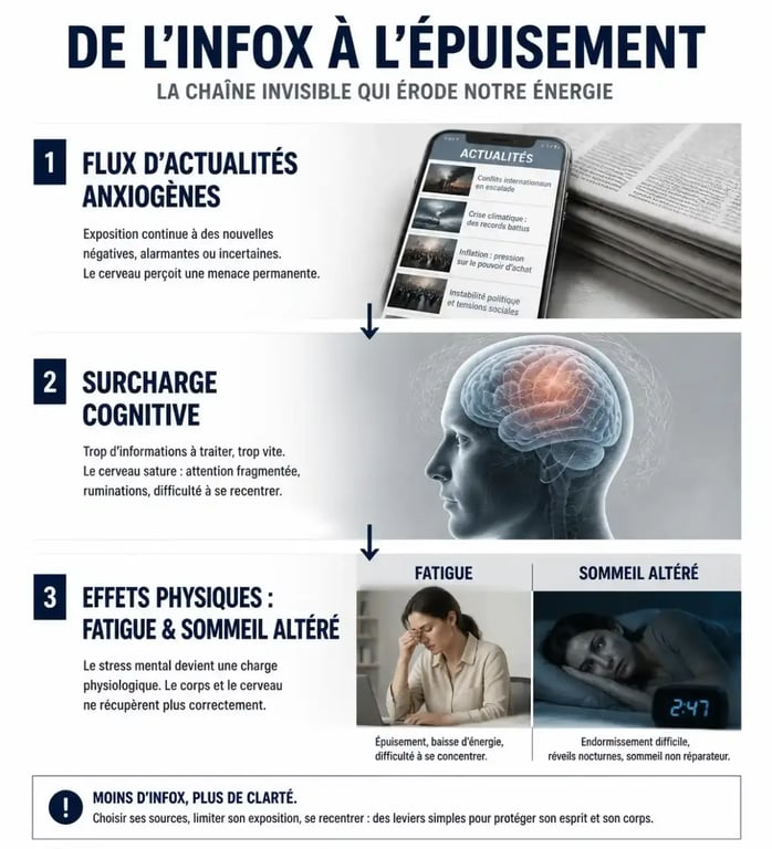 Infographie sur les effets de l'actualité anxiogène sur la santé mentale et le cerveau