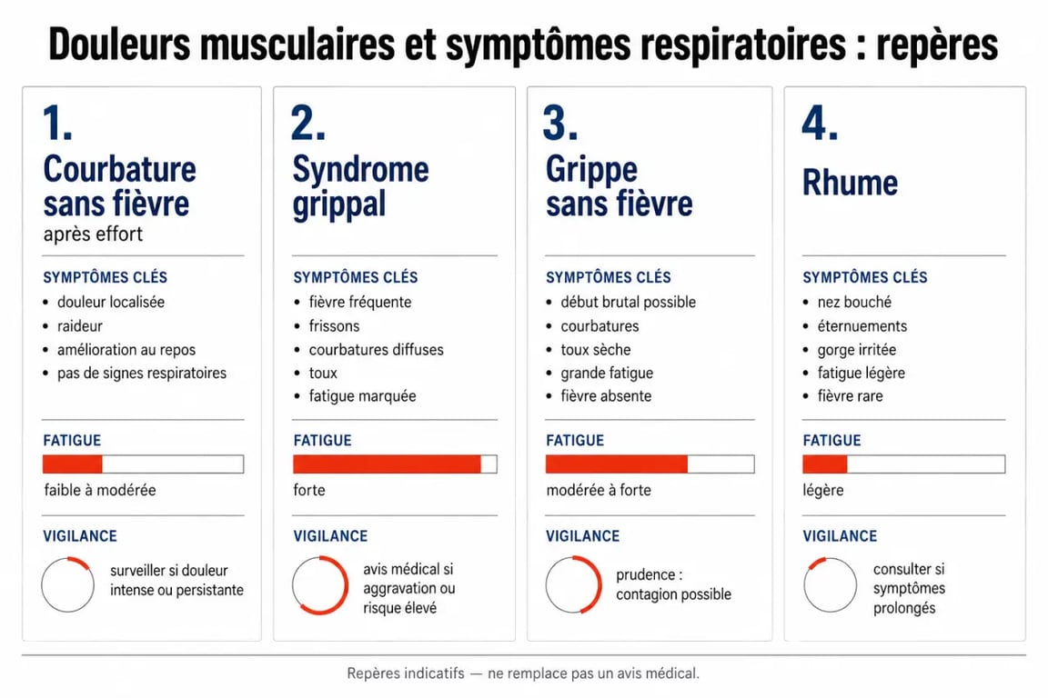 Courbature sans fièvre : comparaison des causes possibles, de la grippe au rhume, et signes d’alerte