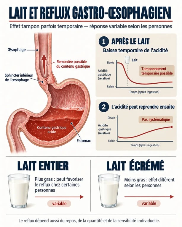 Schéma du lait et reflux gastrique montrant le sphincter œsophagien, l’estomac et l’effet temporaire du lait