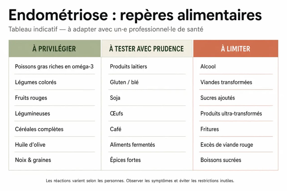 Tableau comparatif des aliments pour l'alimentation pour endométriose