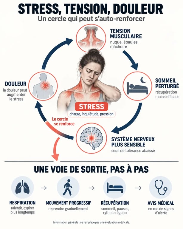 Infographie sur le stress et douleurs musculaires et articulaires et le cercle tension-douleur