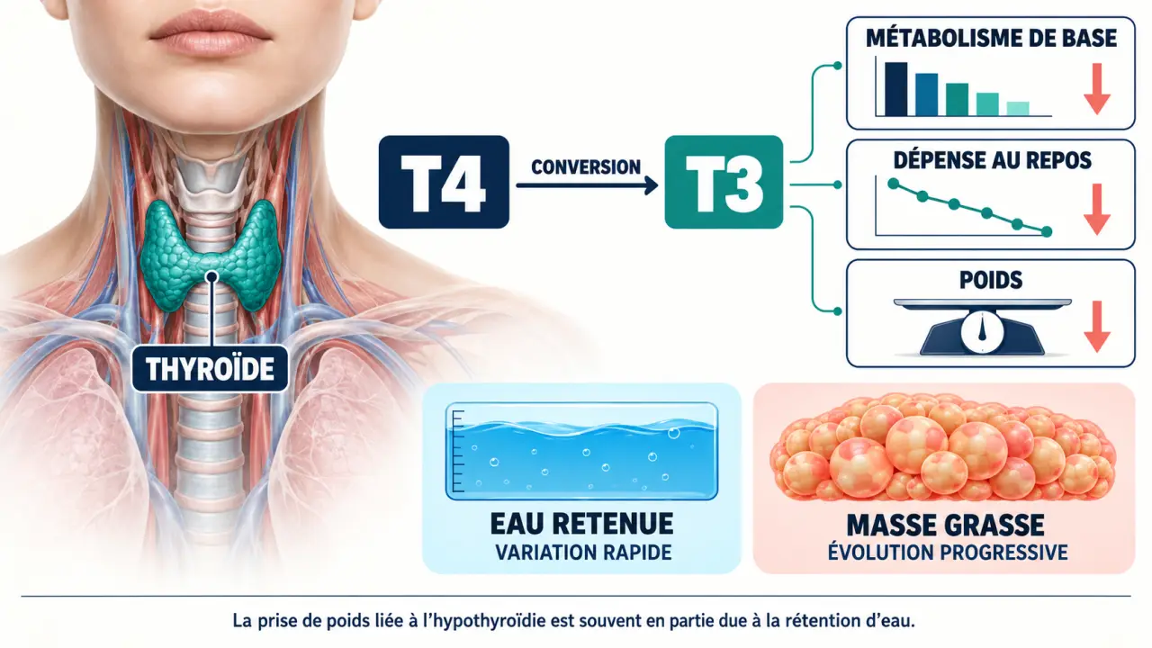 Infographie sur la prise de poids et le rôle des hormones thyroïdiennes T3 et T4