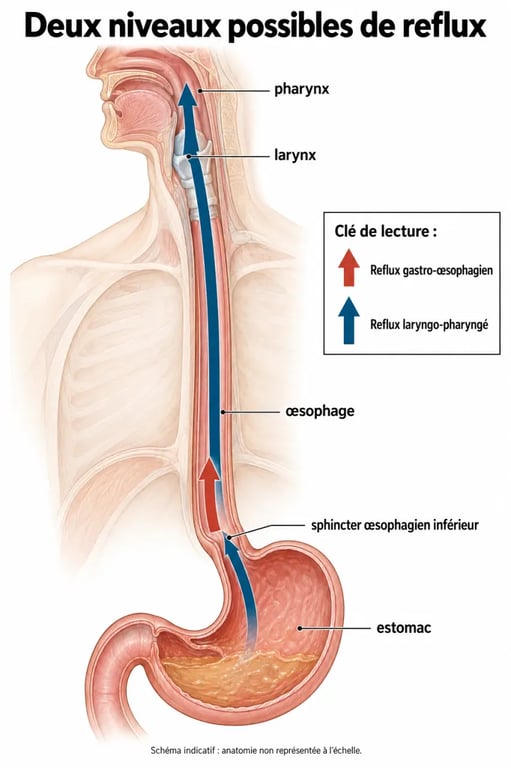 Schéma anatomique du reflux laryngo-pharyngé entre l’estomac, l’œsophage, le pharynx et le larynx
