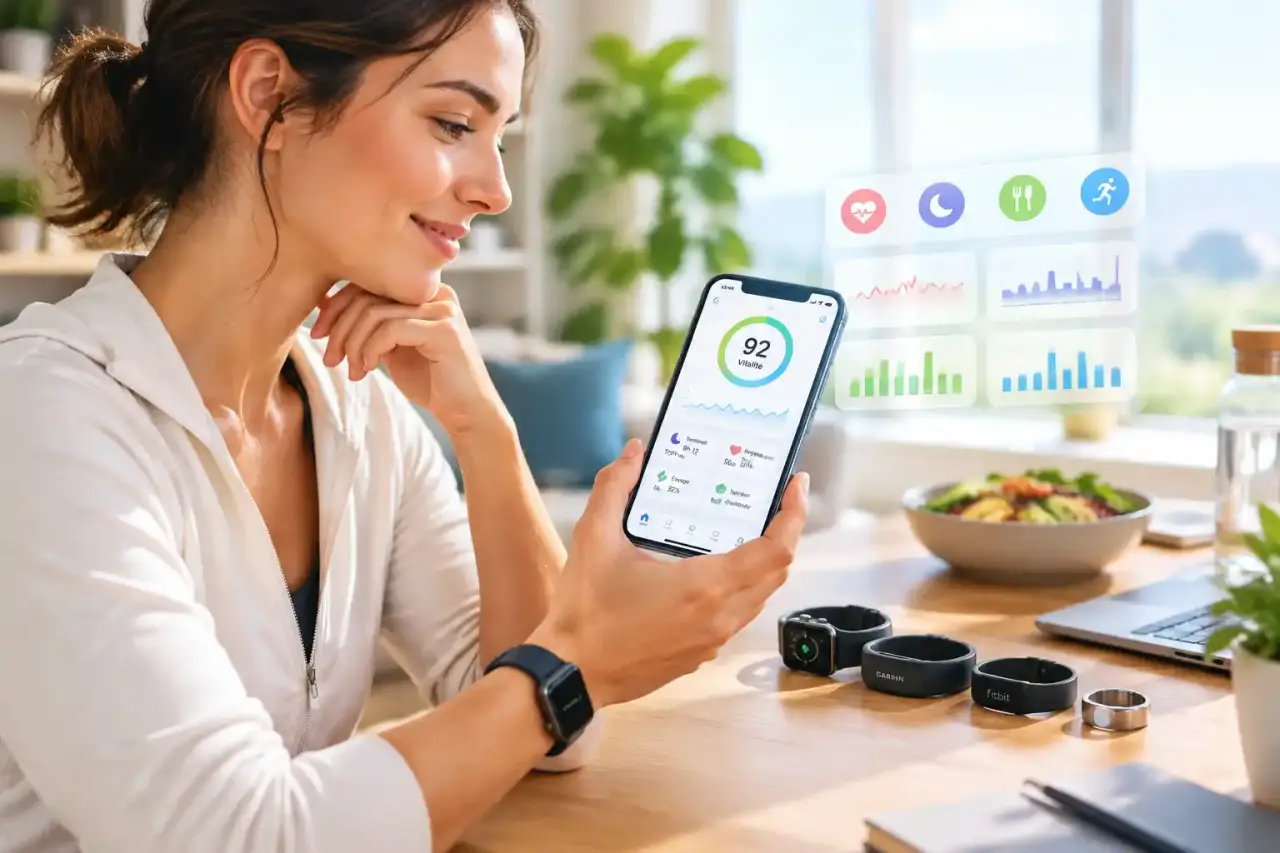 Personne active consultant les données de sa montre connectée dans un parc lumineux