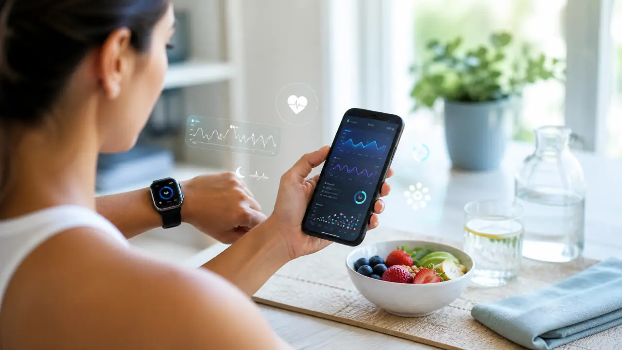 Personne active consultant sa montre connectée dans un parc urbain ensoleillé avec interface santé en surimpression