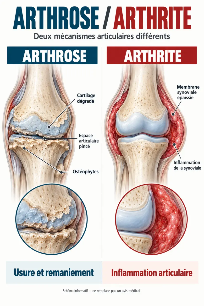Infographie sur la différence entre arthrose et arthrite montrant le cartilage et l’inflammation articulaire