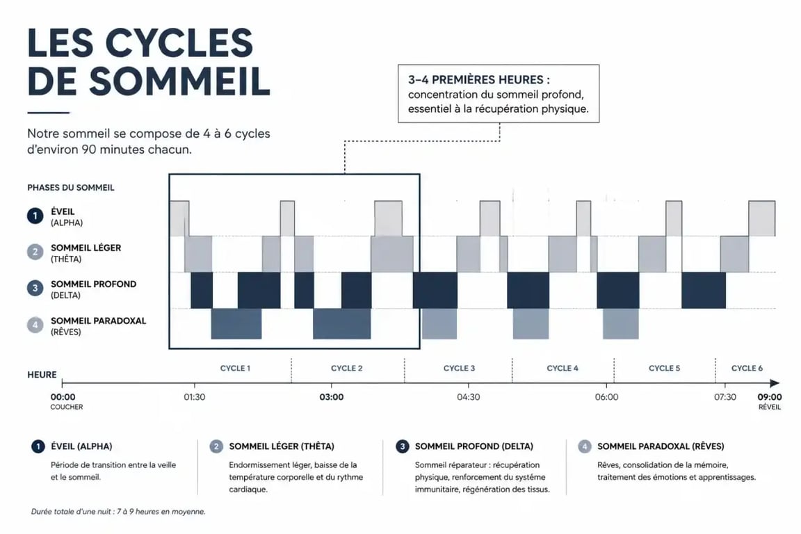 Schéma des cycles de sommeil réparateur montrant la concentration du sommeil profond en début de nuit