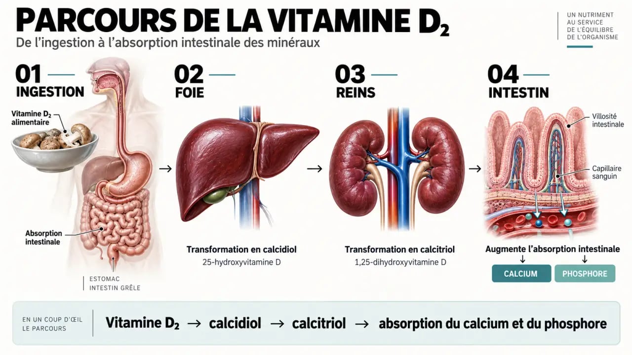 Schéma de transformation de la vitamine D2 du foie aux reins