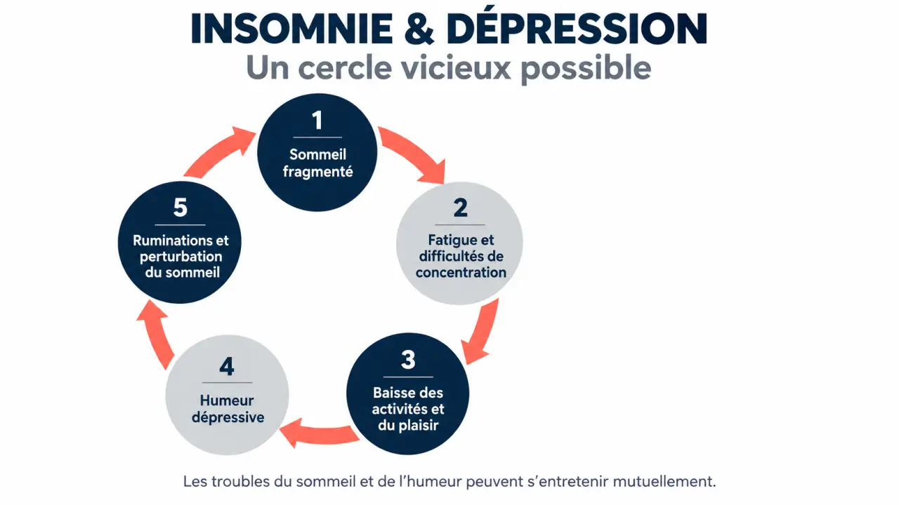 Infographie sur le lien entre l’insomnie et la dépression et leur cercle vicieux